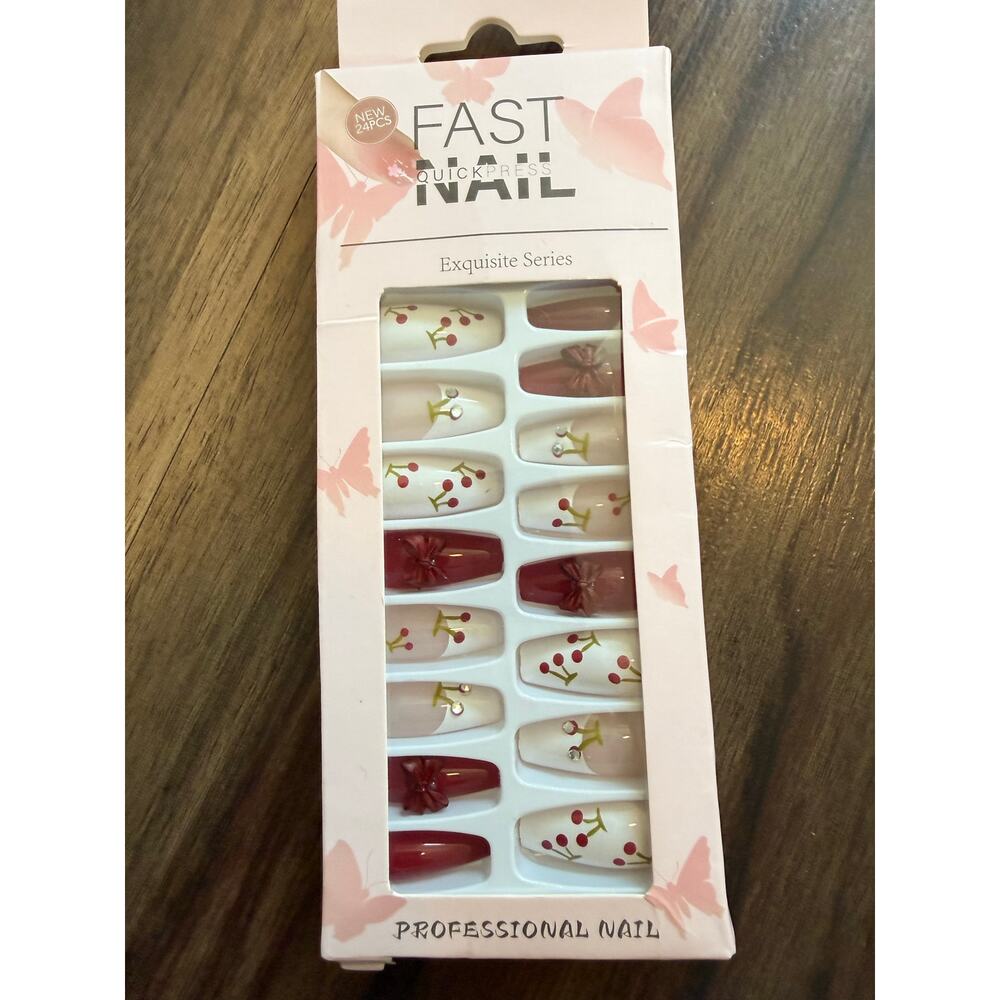 FAST Nail Cherry Bow Press On Nails Red French Tip Kawaii Coffin